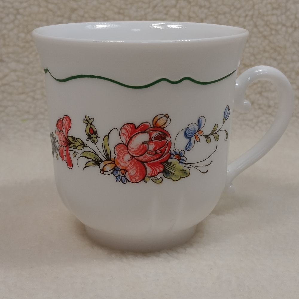 Floral Porcelain Coffee Mug in White with Red Rose Accent
